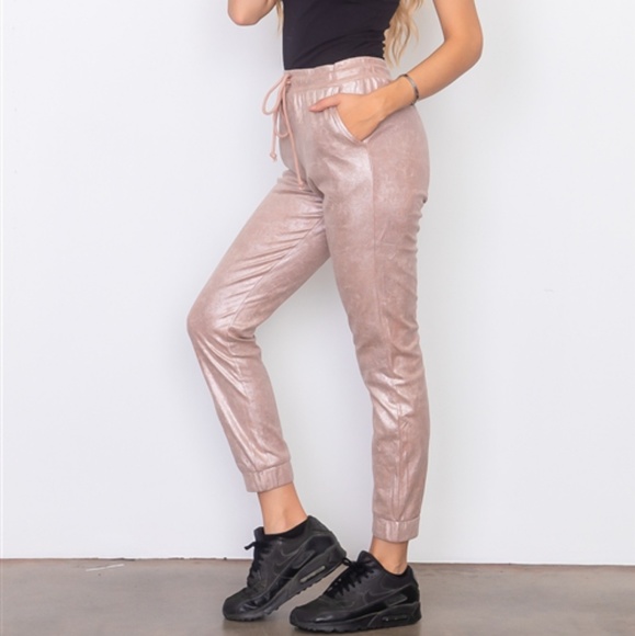 METALLIC BLUSH PINK SUEDE DRAWSTRING JOGGERS - Picture 7 of 8